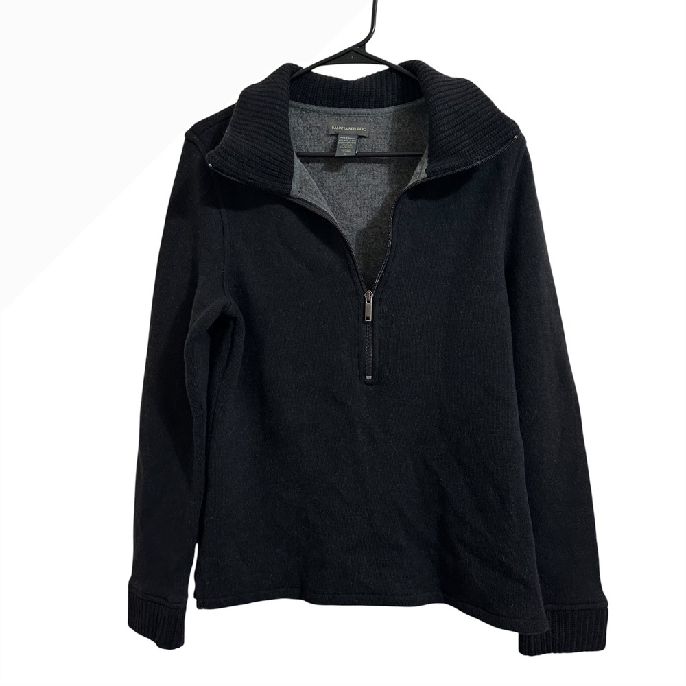 Banana Republic Quarter Zip Sweater Mens L Black Wool Blend Mock Neck Minimalist